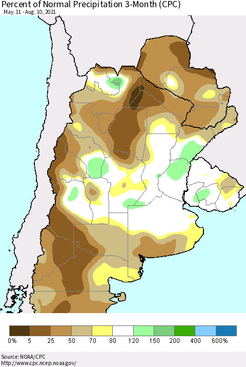 Southern South America Percent of Normal Precipitation 3-Month (CPC) Thematic Map For 5/11/2021 - 8/10/2021