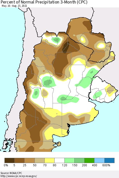 Southern South America Percent of Normal Precipitation 3-Month (CPC) Thematic Map For 5/16/2021 - 8/15/2021