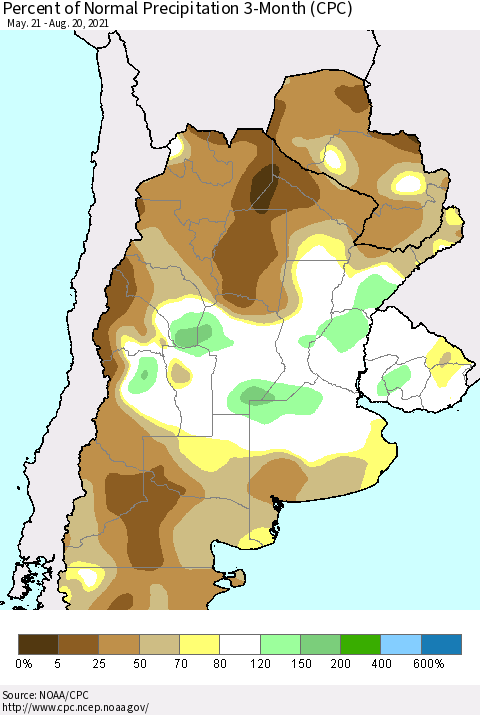 Southern South America Percent of Normal Precipitation 3-Month (CPC) Thematic Map For 5/21/2021 - 8/20/2021