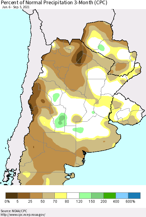 Southern South America Percent of Normal Precipitation 3-Month (CPC) Thematic Map For 6/6/2021 - 9/5/2021