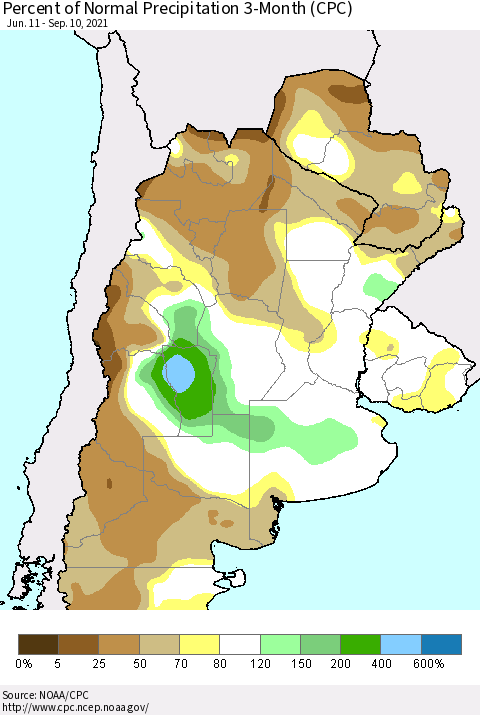 Southern South America Percent of Normal Precipitation 3-Month (CPC) Thematic Map For 6/11/2021 - 9/10/2021