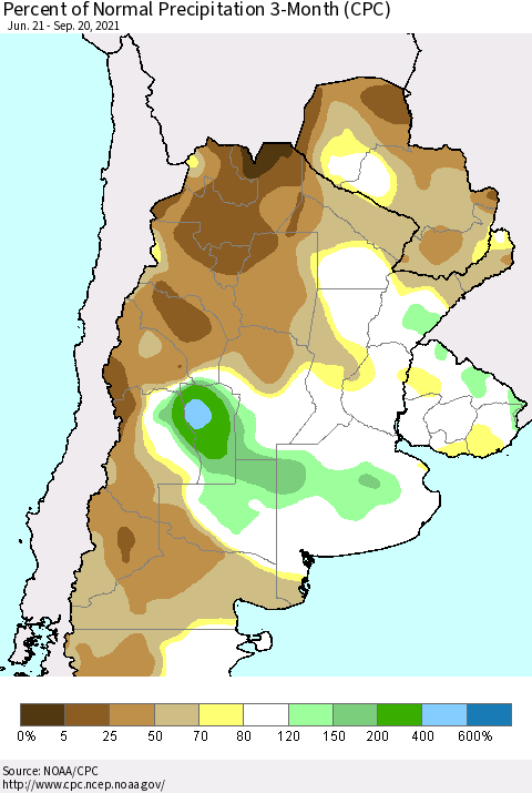Southern South America Percent of Normal Precipitation 3-Month (CPC) Thematic Map For 6/21/2021 - 9/20/2021