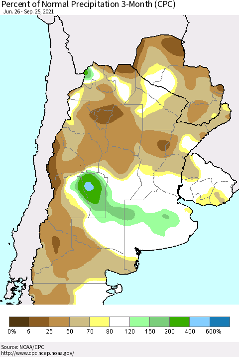 Southern South America Percent of Normal Precipitation 3-Month (CPC) Thematic Map For 6/26/2021 - 9/25/2021