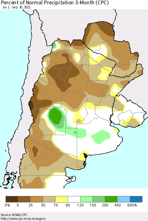 Southern South America Percent of Normal Precipitation 3-Month (CPC) Thematic Map For 7/1/2021 - 9/30/2021