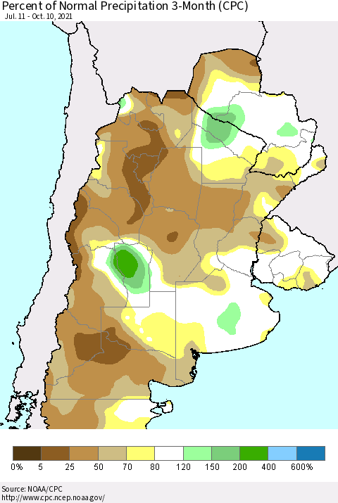 Southern South America Percent of Normal Precipitation 3-Month (CPC) Thematic Map For 7/11/2021 - 10/10/2021