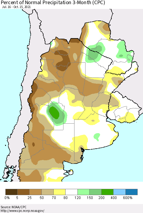 Southern South America Percent of Normal Precipitation 3-Month (CPC) Thematic Map For 7/16/2021 - 10/15/2021