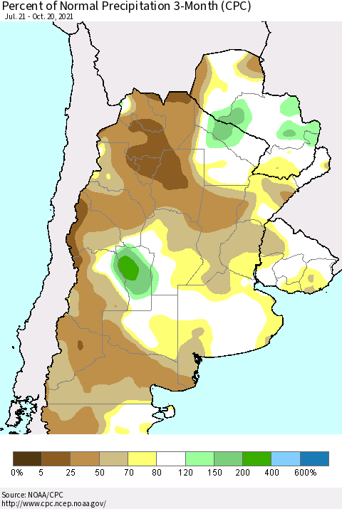 Southern South America Percent of Normal Precipitation 3-Month (CPC) Thematic Map For 7/21/2021 - 10/20/2021