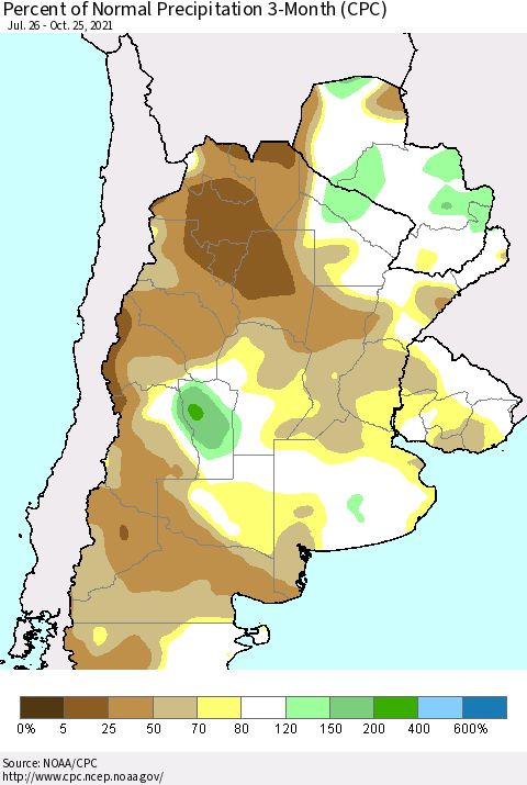 Southern South America Percent of Normal Precipitation 3-Month (CPC) Thematic Map For 7/26/2021 - 10/25/2021