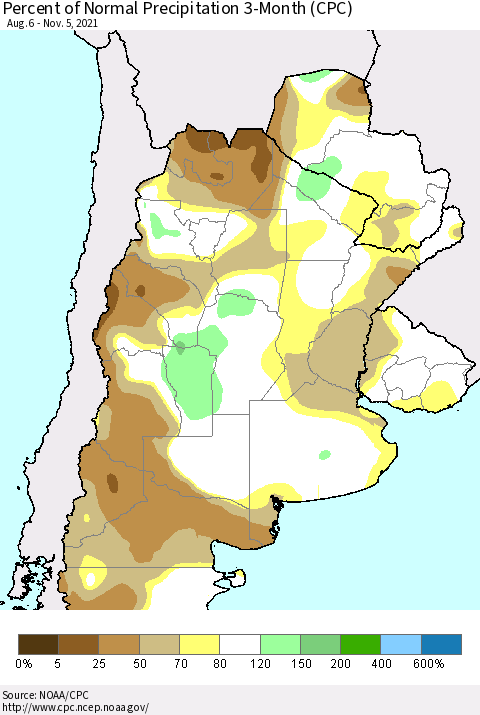 Southern South America Percent of Normal Precipitation 3-Month (CPC) Thematic Map For 8/6/2021 - 11/5/2021