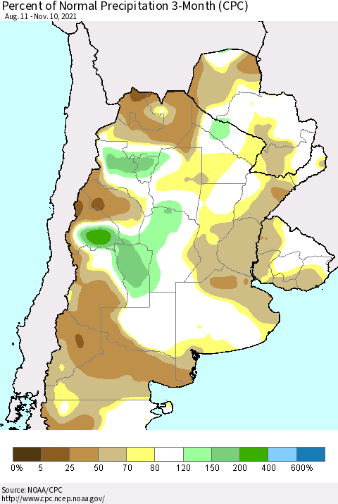 Southern South America Percent of Normal Precipitation 3-Month (CPC) Thematic Map For 8/11/2021 - 11/10/2021