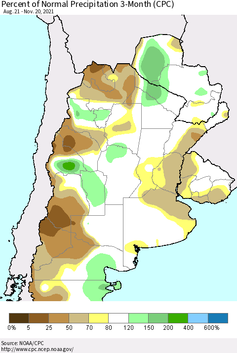 Southern South America Percent of Normal Precipitation 3-Month (CPC) Thematic Map For 8/21/2021 - 11/20/2021