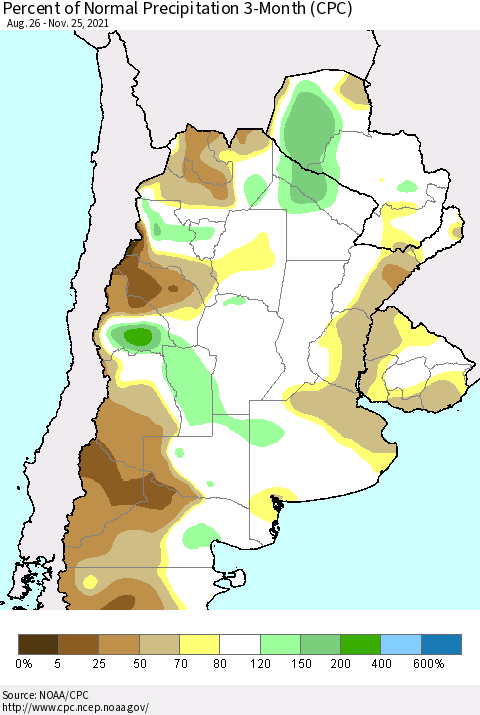 Southern South America Percent of Normal Precipitation 3-Month (CPC) Thematic Map For 8/26/2021 - 11/25/2021