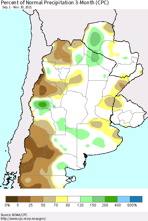Southern South America Percent of Normal Precipitation 3-Month (CPC) Thematic Map For 9/1/2021 - 11/30/2021