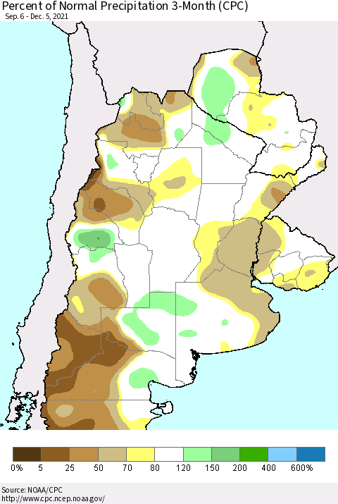 Southern South America Percent of Normal Precipitation 3-Month (CPC) Thematic Map For 9/6/2021 - 12/5/2021