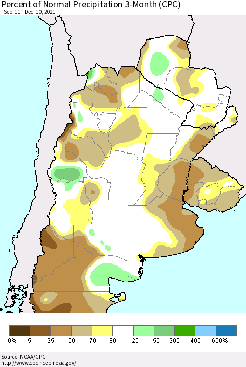 Southern South America Percent of Normal Precipitation 3-Month (CPC) Thematic Map For 9/11/2021 - 12/10/2021