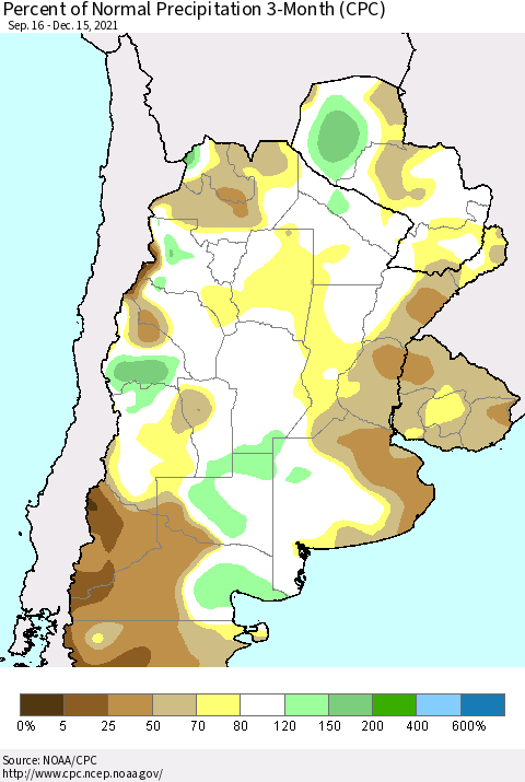Southern South America Percent of Normal Precipitation 3-Month (CPC) Thematic Map For 9/16/2021 - 12/15/2021