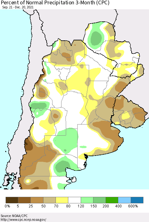 Southern South America Percent of Normal Precipitation 3-Month (CPC) Thematic Map For 9/21/2021 - 12/20/2021