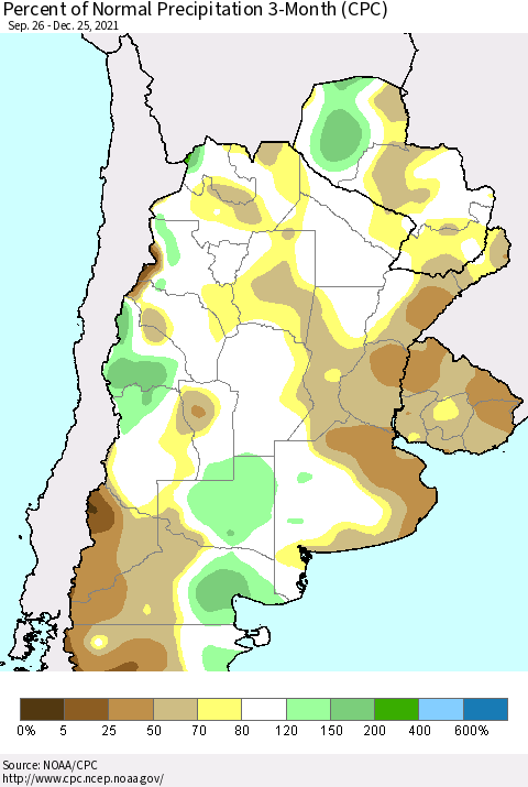 Southern South America Percent of Normal Precipitation 3-Month (CPC) Thematic Map For 9/26/2021 - 12/25/2021
