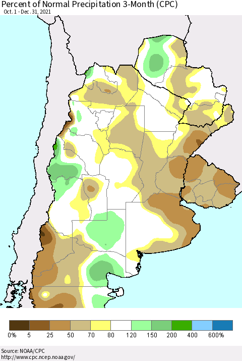 Southern South America Percent of Normal Precipitation 3-Month (CPC) Thematic Map For 10/1/2021 - 12/31/2021
