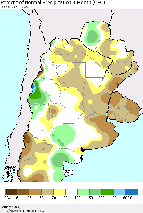 Southern South America Percent of Normal Precipitation 3-Month (CPC) Thematic Map For 10/6/2021 - 1/5/2022