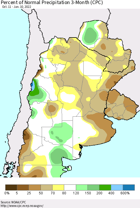 Southern South America Percent of Normal Precipitation 3-Month (CPC) Thematic Map For 10/11/2021 - 1/10/2022