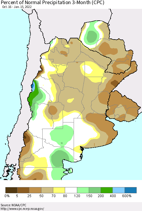 Southern South America Percent of Normal Precipitation 3-Month (CPC) Thematic Map For 10/16/2021 - 1/15/2022