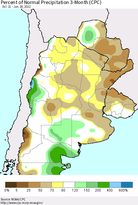 Southern South America Percent of Normal Precipitation 3-Month (CPC) Thematic Map For 10/21/2021 - 1/20/2022