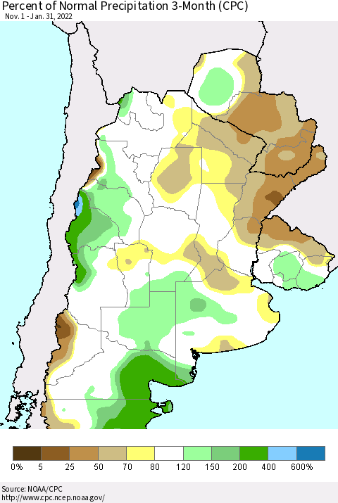 Southern South America Percent of Normal Precipitation 3-Month (CPC) Thematic Map For 11/1/2021 - 1/31/2022