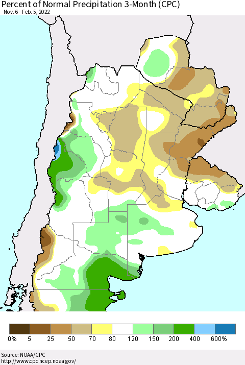 Southern South America Percent of Normal Precipitation 3-Month (CPC) Thematic Map For 11/6/2021 - 2/5/2022