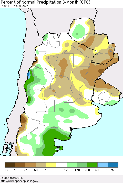 Southern South America Percent of Normal Precipitation 3-Month (CPC) Thematic Map For 11/11/2021 - 2/10/2022