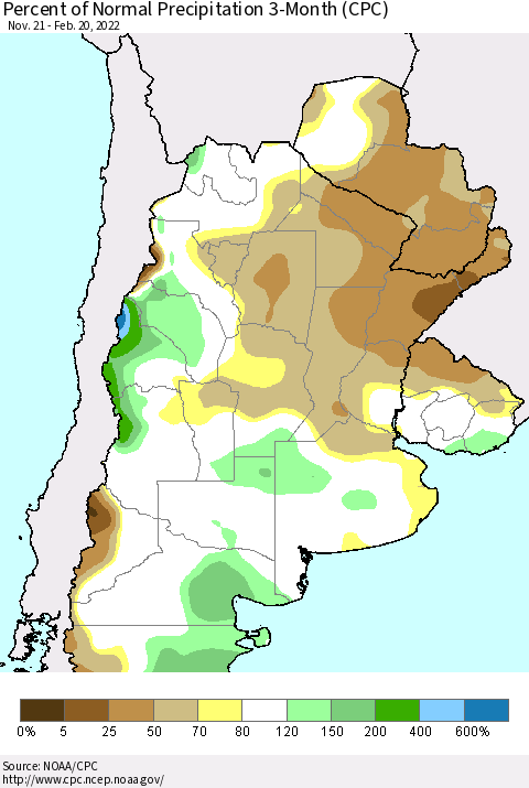 Southern South America Percent of Normal Precipitation 3-Month (CPC) Thematic Map For 11/21/2021 - 2/20/2022