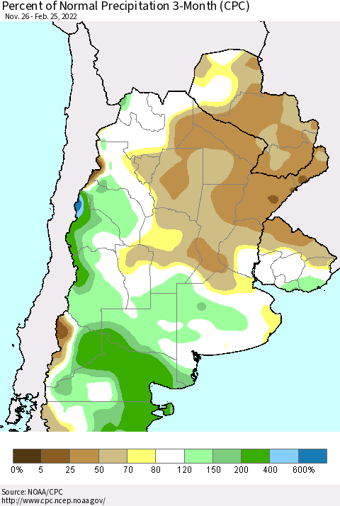 Southern South America Percent of Normal Precipitation 3-Month (CPC) Thematic Map For 11/26/2021 - 2/25/2022