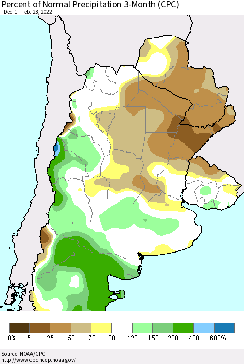 Southern South America Percent of Normal Precipitation 3-Month (CPC) Thematic Map For 12/1/2021 - 2/28/2022