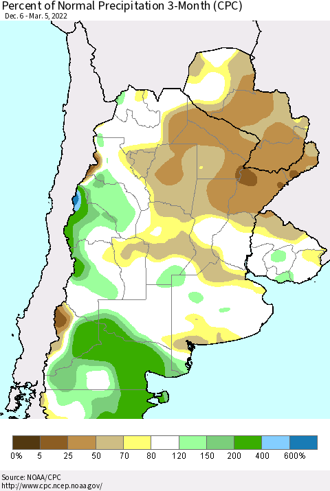 Southern South America Percent of Normal Precipitation 3-Month (CPC) Thematic Map For 12/6/2021 - 3/5/2022