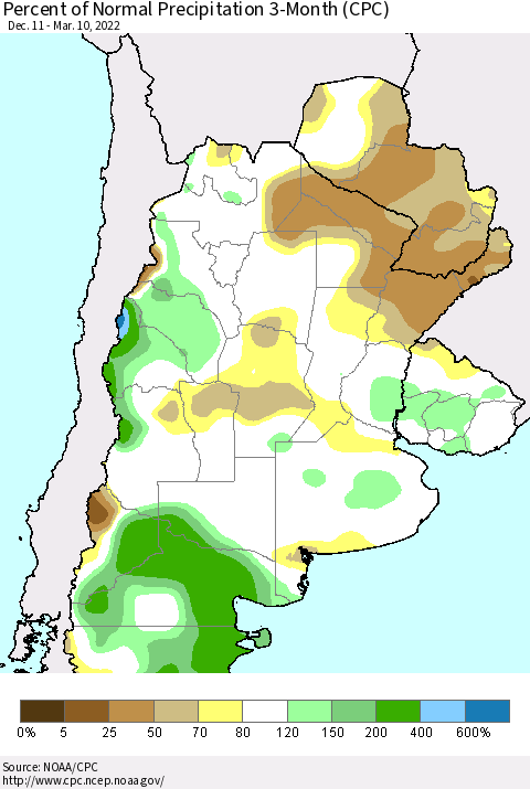 Southern South America Percent of Normal Precipitation 3-Month (CPC) Thematic Map For 12/11/2021 - 3/10/2022