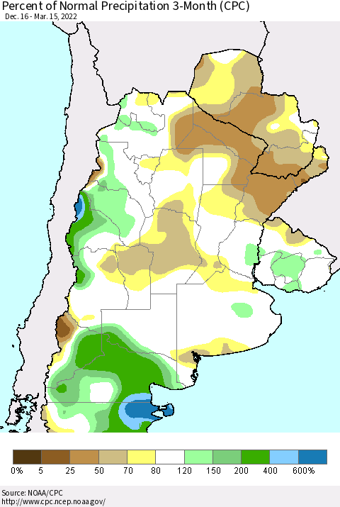 Southern South America Percent of Normal Precipitation 3-Month (CPC) Thematic Map For 12/16/2021 - 3/15/2022