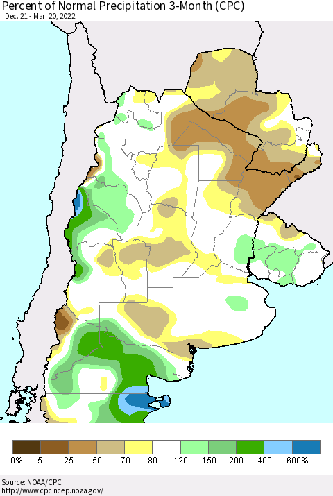 Southern South America Percent of Normal Precipitation 3-Month (CPC) Thematic Map For 12/21/2021 - 3/20/2022