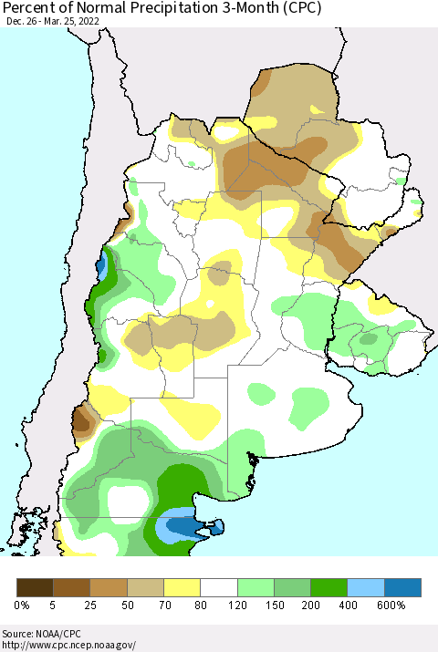 Southern South America Percent of Normal Precipitation 3-Month (CPC) Thematic Map For 12/26/2021 - 3/25/2022