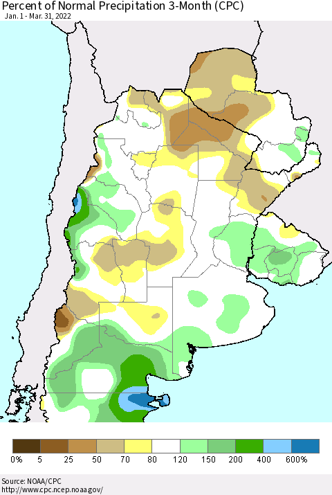 Southern South America Percent of Normal Precipitation 3-Month (CPC) Thematic Map For 1/1/2022 - 3/31/2022
