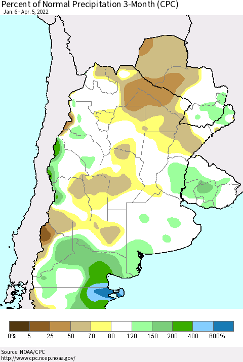 Southern South America Percent of Normal Precipitation 3-Month (CPC) Thematic Map For 1/6/2022 - 4/5/2022
