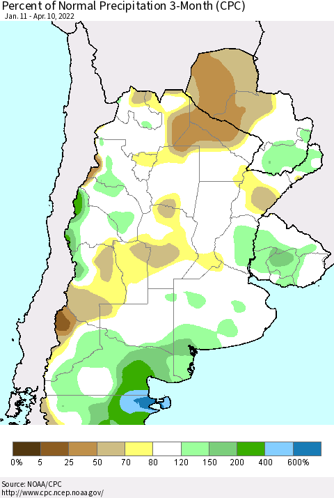 Southern South America Percent of Normal Precipitation 3-Month (CPC) Thematic Map For 1/11/2022 - 4/10/2022