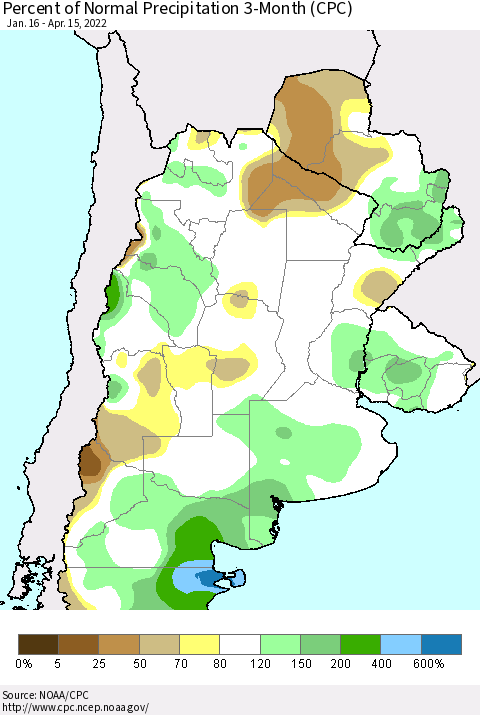 Southern South America Percent of Normal Precipitation 3-Month (CPC) Thematic Map For 1/16/2022 - 4/15/2022