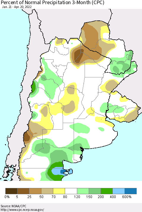 Southern South America Percent of Normal Precipitation 3-Month (CPC) Thematic Map For 1/21/2022 - 4/20/2022