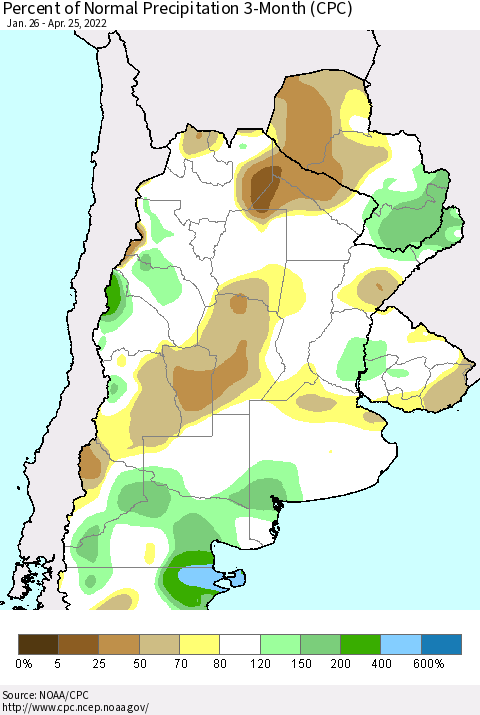 Southern South America Percent of Normal Precipitation 3-Month (CPC) Thematic Map For 1/26/2022 - 4/25/2022