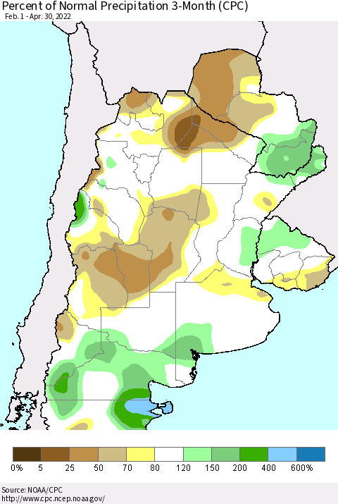 Southern South America Percent of Normal Precipitation 3-Month (CPC) Thematic Map For 2/1/2022 - 4/30/2022