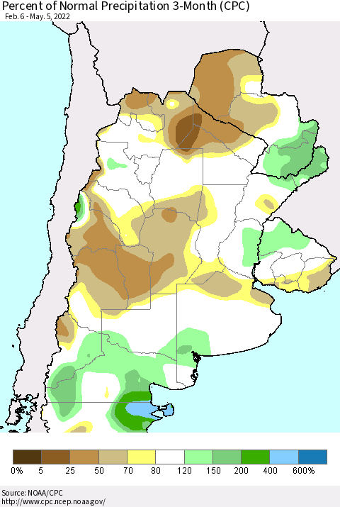 Southern South America Percent of Normal Precipitation 3-Month (CPC) Thematic Map For 2/6/2022 - 5/5/2022