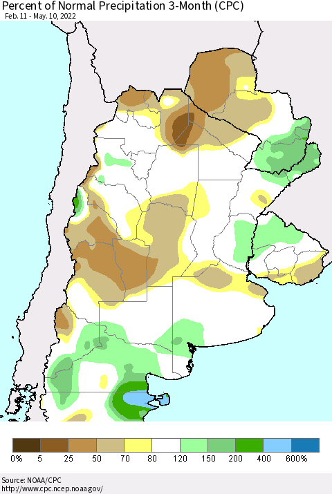 Southern South America Percent of Normal Precipitation 3-Month (CPC) Thematic Map For 2/11/2022 - 5/10/2022