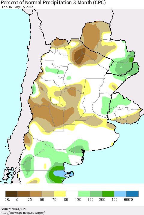 Southern South America Percent of Normal Precipitation 3-Month (CPC) Thematic Map For 2/16/2022 - 5/15/2022