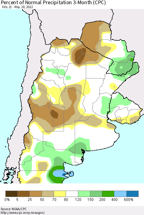 Southern South America Percent of Normal Precipitation 3-Month (CPC) Thematic Map For 2/21/2022 - 5/20/2022