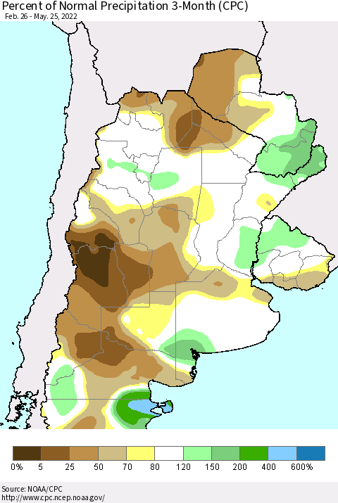 Southern South America Percent of Normal Precipitation 3-Month (CPC) Thematic Map For 2/26/2022 - 5/25/2022